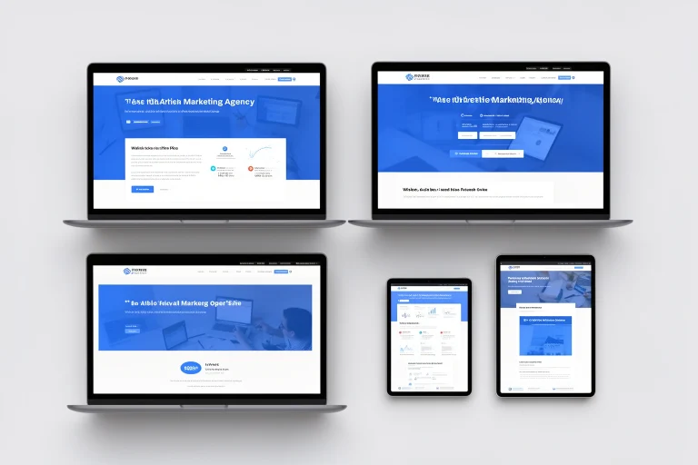 Four nearly identical marketing agency website homepages arranged together representing multiple copycat domains sharing one brand name