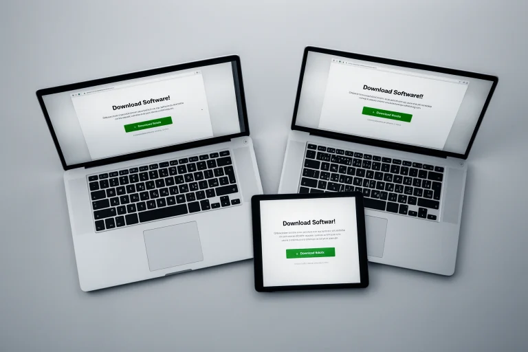 Three nearly identical software download pages each claiming to be the official source for the same program