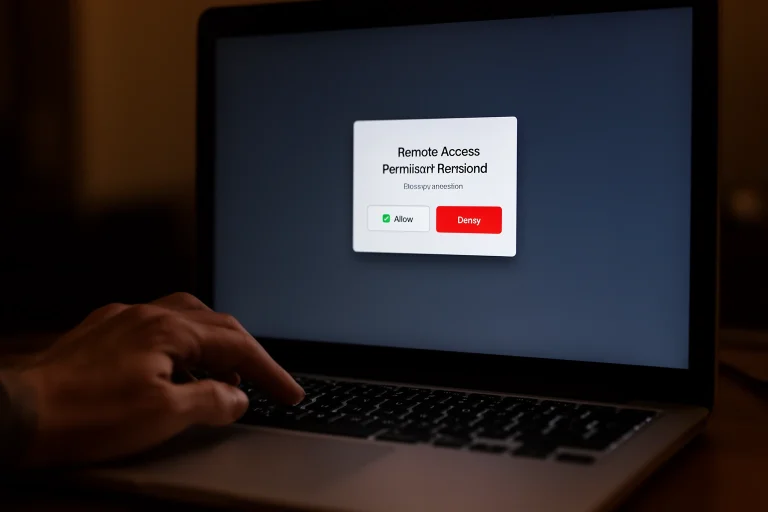 A computer screen showing a remote desktop access request prompt from an unverified tech support service representing a common scam pattern