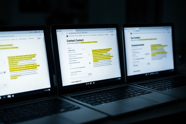 Three website contact pages with identical boilerplate text side by side revealing they are run by the same operator despite different business names