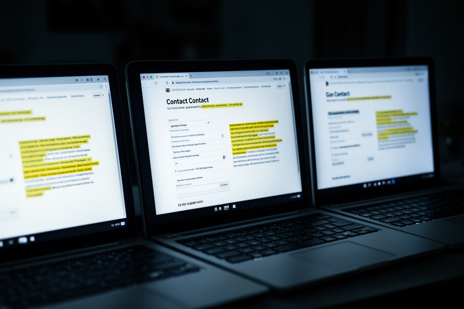 Three website contact pages with identical boilerplate text side by side revealing they are run by the same operator despite different business names