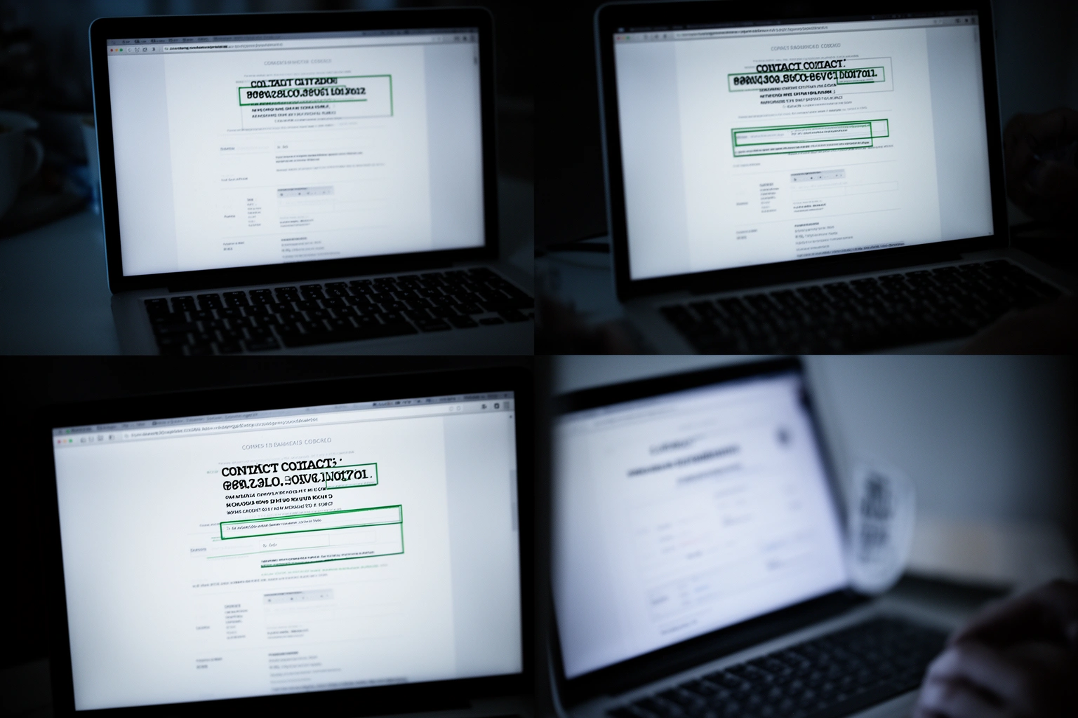 Four website contact pages arranged together showing the identical boilerplate template confirming they belong to the same content network