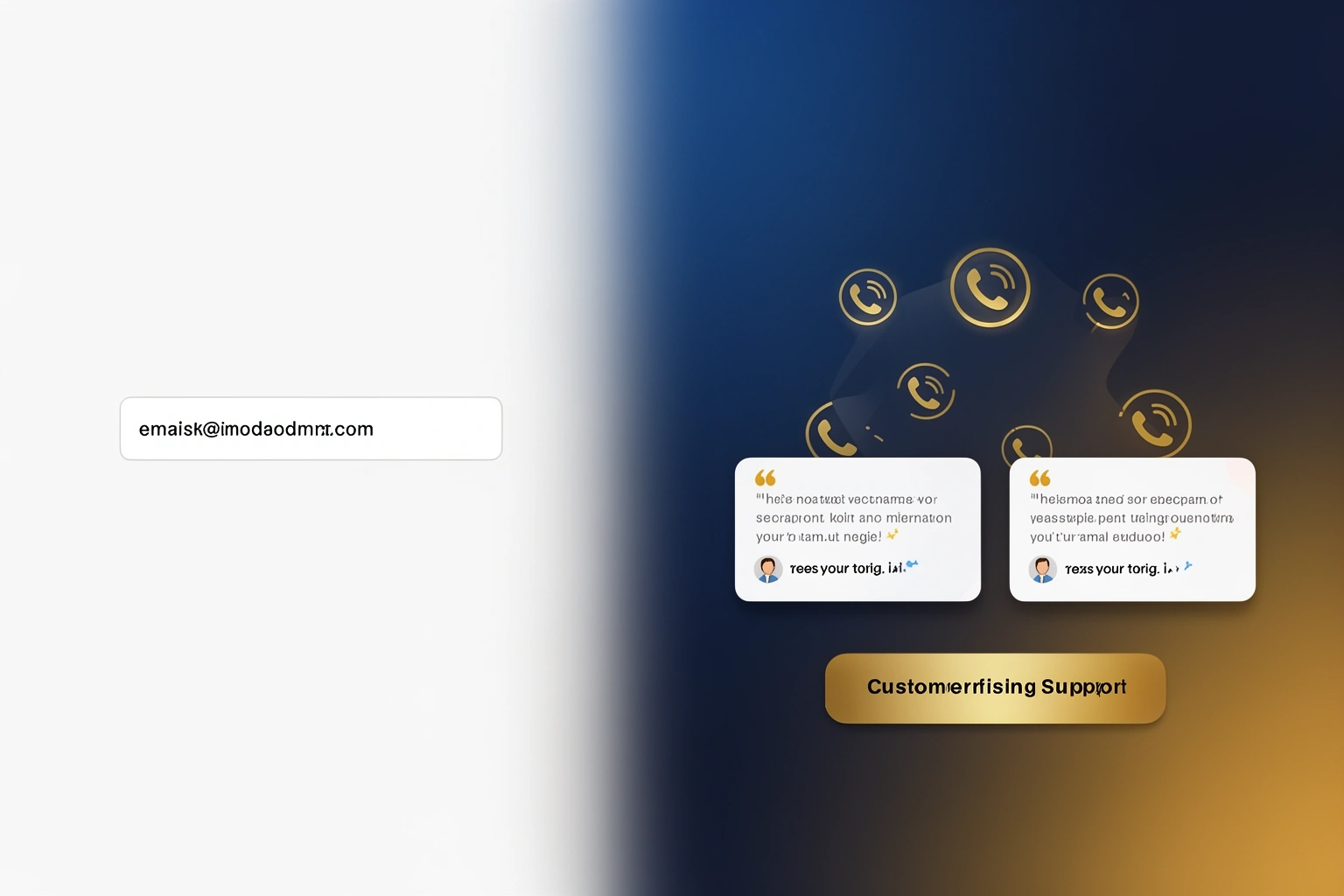 A real simple tech blog contact page with a single email address contrasted with an elaborate fictional support company page with phone numbers and testimonials